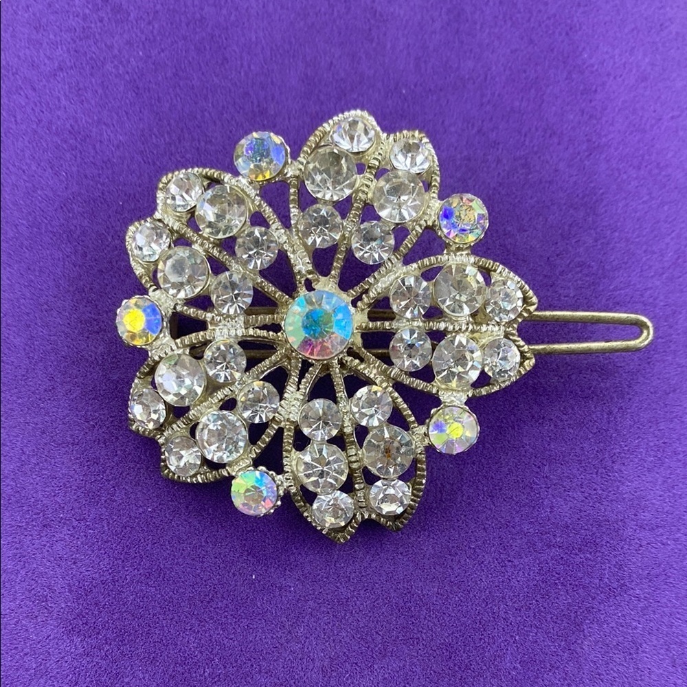 💛 Vintage Silver Crystal Flower Hair Clip